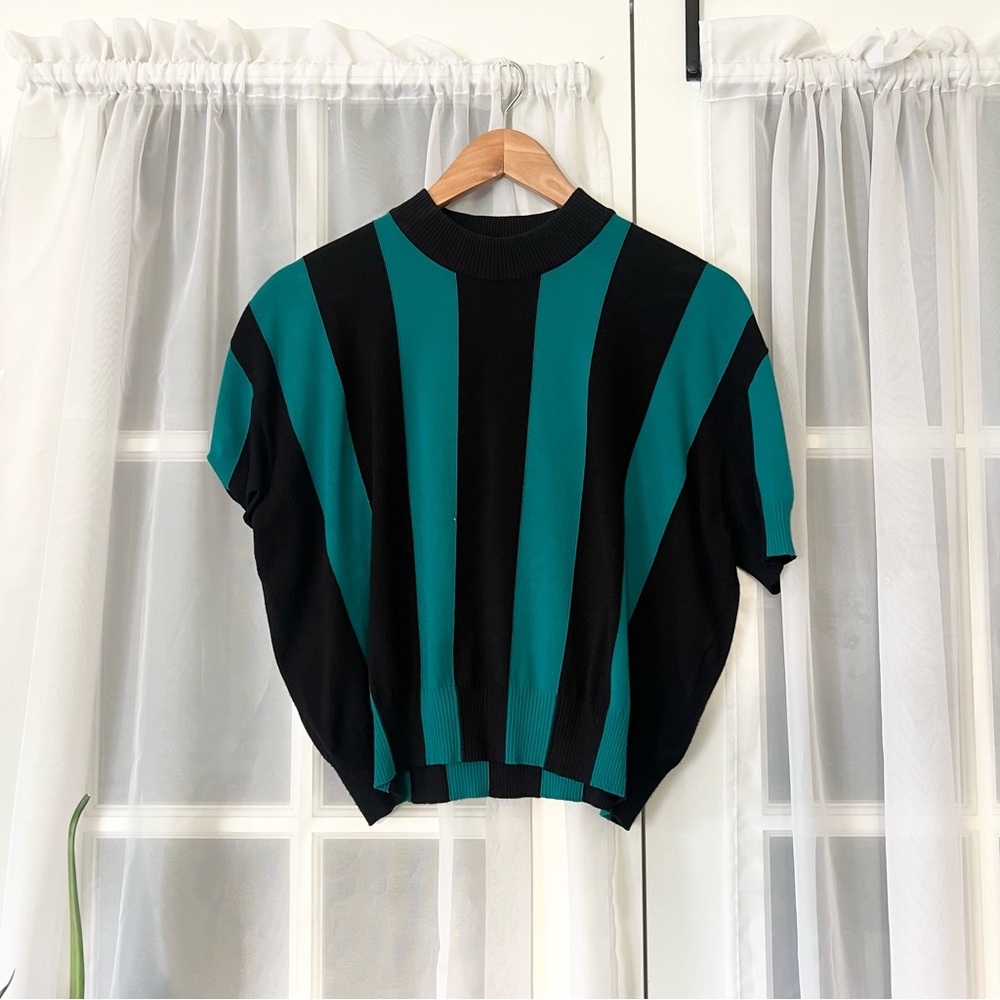 DIESEL BLACK GOLD Vertical Stripe Teal/Black Short Sleeve Sweater Size Small